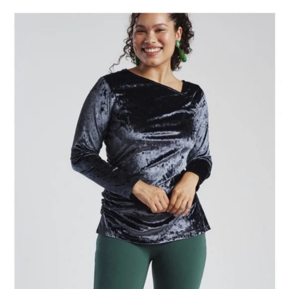 Betabrand Felicia Velvet Ruched Long Sleeve Top in Ink Blue - Size Large